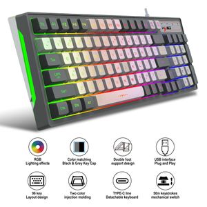 V600 Gaming Keyboard 96 Keys Compact RGB LED Backlit Film Keyboards USB Wired Membrane Keyboards for Gamer PC Computer Desktop