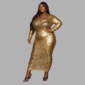 Plus Size Dresses Women Clothing Fashion Ripped See-through Hollow Out Round Neck Long Sleeved Sequins Sexy Evening Wholesale 230307