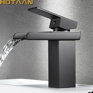 Banyo Lavabo Muslukları Siyah Kaplama Pirinç Şelale Banyo Havzası Musluk Kare Vanity Lavabo Mikser Soğuk Lavotory Tapa Tapı YT-5018-H 230311