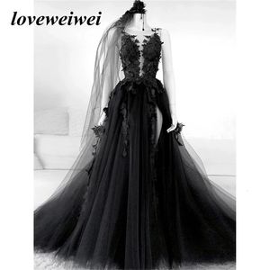 Party Dresses Gothic Black Prom Sexig backless High Side Split Aline aftonklänning Lace Formella klänningar med Veil Robe de 230310