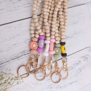 Keychains Personlig design Daisy Wood Bead Lanyard Flower Teacher Badge Holder Beaded Necklace For Keys ID Student Gift