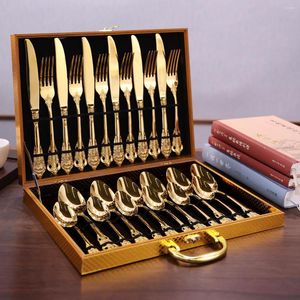 Dinnerware Sets 24-piece Gift Box Non-magnetic Light Banquet Western Tableware Stainless Steel Knife And Fork Set/golden Retro Relief