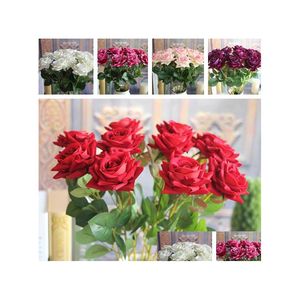 Dekorative Blumen Kränze rote Valentiner Mini Veet Rose Spring Künstliche falsche Blumenbouquetzimmer Hochzeit Hordera Dekor Tropfen DHUQP