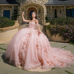 Новые розовые платья Quinceanera для сладких 16 девушек Sequined Appliques Princess Ball Howns Spagnetti Bears Beads vestido de xv anos