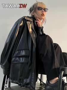 Tawaaiw Men's Black PU Leather half zip sweatshirt women's with Pocket - Y2K Gothic Streetwear Outerwear for Autumn/Spring (230311)