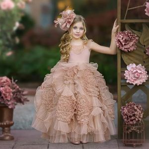 Wunderschönes, gerüschtes Blumen-Ballkleid, Blumenmädchenkleider, appliziertes Tüll-Festzugskleid für Strandhochzeit und Geburtstag, Kinderfestzug-Kleid