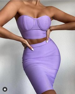 Casual Dresses Top Quality Purple Celebrity Two Pieces Set Strapless Knee Length Rayon Bandage Cocktail Party Vestidos 230310