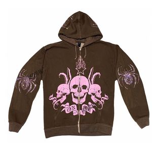 Kadın Hoodies Sweatshirts Örümcek Kafatası Baskı Sokak Giyim Kaplama Goth Harajuku Y2K Estetik Giysiler Grunge Punk Ceket Zipup 230310