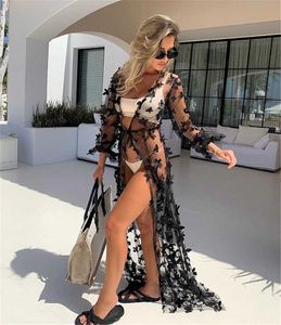 Kvinnors badkläder Lång baddräkt täcker sexig öppen front 3D flytande kimono cardigan sommarsemester strandkläder badsuit y230311