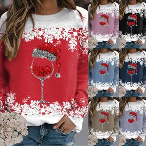 Bloups feminina feminina vidro de vinho chapéu de natal de manga longa camiseta natal de crochê casual de crochê harajuku bodia de moda de moda de moda