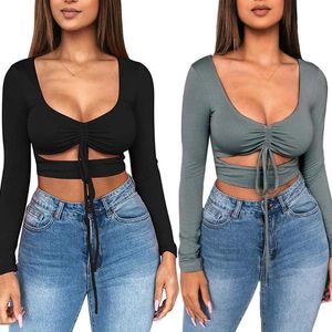 Kvinnors t -skjortor Solid Color Sexiga kvinnor Ruched Bind Up Crop Top Basic Long Sleeve Cut Out