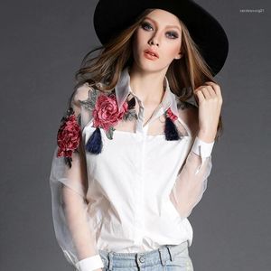 Bluzki damskie plus size 3xl 3xl mody organza kwiaty haft biała koszula High Street Blouse Casual Blusas Top Blusa feminina