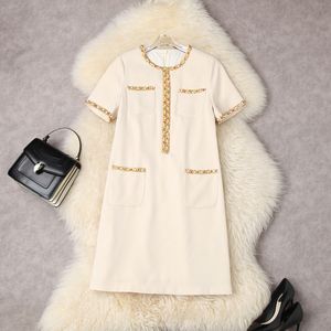 Summer Short Sleeve Round Neck Dress Hot Pink / Apricot Solid Color Beading Pockets Kne-Length Elegant Casual Dresses 22L256036