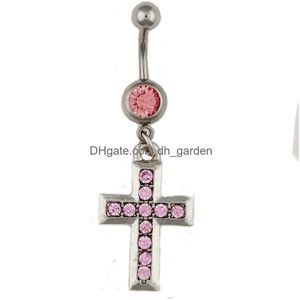 Navel Bell Button Rings D0533 Cross Belly Ring Pink Color Drop Delivery Jewelry Body Dhgarden Dhzru