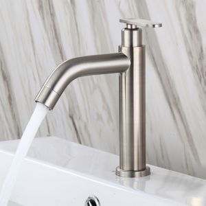 Bathroom Sink Faucets Single Cold Water Bathroom Basin Faucets Single Handle Bathroom Sink Faucets Brushed Stainless Steel Deck Mounted Washbasin Tap 230311