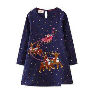 Girl's Dresses Girls Jum Meters Рождественская вышивка оленя Санта -Клаус мода малыш детская одежда продает костюм с длинным рукавом Dhzi5