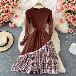 Vestidos de mujer vestidos casuais elegante o pescoço manga longa malha robe femme xadrez contraste cor retalhos plissado vestidos de festa 2023