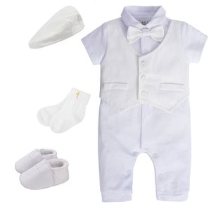 Rompers Baby Boys Chrześcijanie Romper Shower Stroje urodzone Białe jednoczęściowe letnie ubrania z krótkim rękawem Dift z Beret Hat 230311