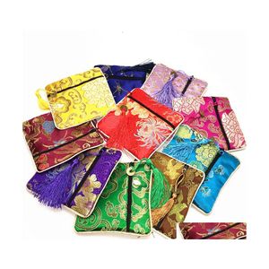 Favor Holders High End Small Zipper Coin Purse Silk Brocade Fabric Jewelry Presentväskor Tassel Armband Lagring Pouch Wedding Party 50p DHT83