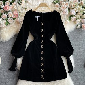 Vintage Schwarz Kleid für Frauen Elegante Lantren Sleeve Square Neck Party Kleider Koreanische Mode Frau Kleidung Vestidos 2023