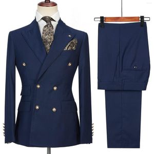 Mäns kostymer Fashion Design Navy Blue Men Business Costume Homme Wedding Dress Groom Tuxedo Terno Slim Fit Prom Double Breasted Blazer