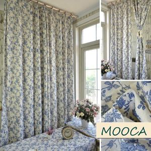 Gardin bomullslinne gardiner för vardagsrum amerikansk stil vintage blå blomma rustik färdig