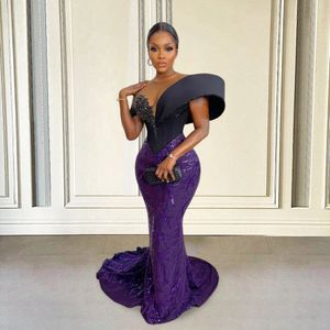 Party Dresses Off Shoulder Purple Evening Long 2023 Mermaid Sequin Beads Aso Ebi Style Black Women African Formal Prom Gowns 230310