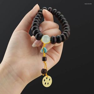 Strand 8mm Natural Wood Beads Bracelets Men Black Ethinc Lotus Root Pendant Bracelet Women Prayer Jewelry Yoga Homme