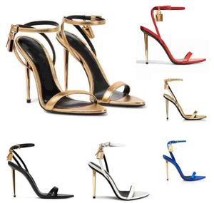 Luxury Sandal Woman Sandals High Heels Tom-F-sandal Shiny äkta läder hänglåsspetsiga tå nakna sandalier 105 mm guld klackar ankelrem med låda