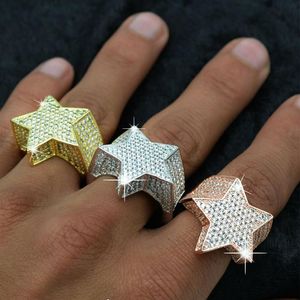 Mens 3D Star 14K Gold Plated Copper Rings Bling Iced Out CZ Stone Star Shape Ring Gold Silver Rosegold Hiphop Jewelry178U