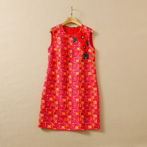 夏のノースリーブラウンドネックドレス赤い格子縞のジャキュード3Dフラワー刺繍ショートミニエレガントなカジュアルドレス22Q042327