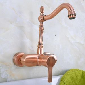 Kitchen Faucets Antique Red Copper Brass Wall Mounted Bathroom Sink Faucet Swivel Spout Mixer Tap Single Handle Lever Anf937