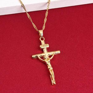 Anhänger Halsketten Gold Kreuz Kette Männer Kruzifix Halskette Frauen Jesus Gelb Gefüllt Christlich Katholischer Schmuck