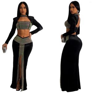 Casual Dresses Club Diamond Mesh Sequined Party Dress Two Piece Set Sexig Backless Rhinestone Split Dinner Gown Evening Night