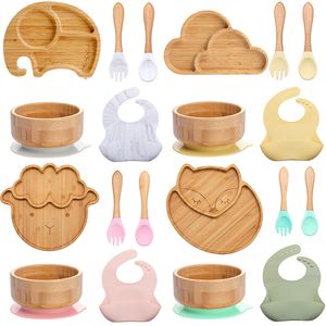 Tazze Piatti Utensili 5 pezzi Stoviglie in legno Piatto di aspirazione Ciotola Cucchiaio Forchetta per bambini Stoviglie Piatti in bambù Bavaglino Set di stoviglie 230311