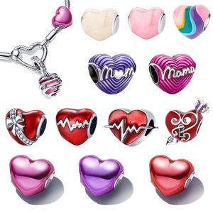 925 zilver Fit Pandora Originele bedels DIY Hanger vrouwen Armbanden kralen Metallic Pink Heart Charm 01344