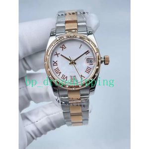 Luxury Gold Women Watch Top Brand 31mm Roman White Dial Two Tone Rose Gold rostfritt stål Mekaniskt automatiskt datum Presentband Klocka Klockor Män och dam