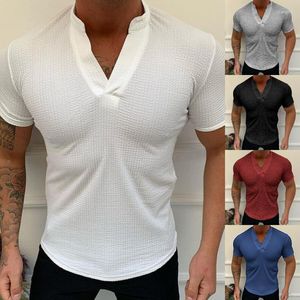 Camisetas Masculinas Moda Casual Masculina Slim Fit Manga Curta Camisetas Masculinas Elegantes Botões Camisa Tops Decote em V Fitness Musculação