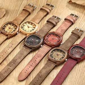 Avanadores de punho 6Type Nature Wood Watches Men Women Genuine Leather Wrist Watch Handmade Bamboo Quartz-Watch-Watch Unisex Men's Gift Relogio