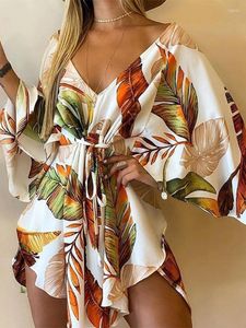 Bloups feminina Tunic Summer Summer Sexy Mini Shirt Dress Sleeves Flored Ladies Ladies Blusa curta Lace-up Floral Print Elegant