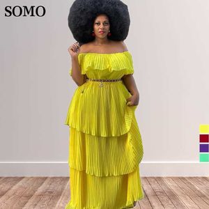 Plus Size Dresses African Women Clothing Solid Color Off Shoulder Pleated Tiered Dress Fashion Long Wholesale Dropshipping 230307