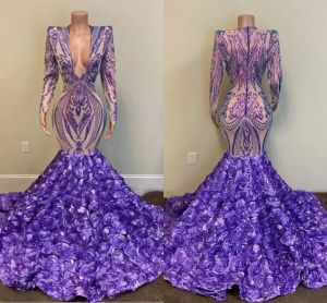 Purple русалка 2023 выпускные платья с блестками Applique Deep V Sece с длинными рукавами цветы настраиваемые ровные вечерние платья для вечеринок vestidos formal ocn -wear плюс размер estidos