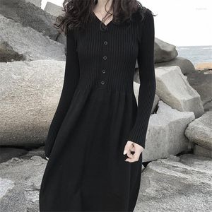 Casual Dresses Women Black Single Breasted Sticked Maxi Dress Elegant Long Sleeve V Neck Solid A Line Sweater Party 2023
