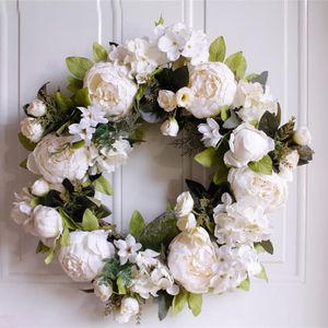 Decorative Flowers Peony Wreath Milky White Artificial Flower Plants Wedding Decoration Garland Restaurant Festivals Door Wall Hanging Home