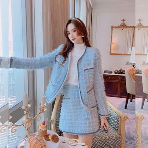 Work Dresses Women's Winter High-Quality Dark-Button Sky Blue Jacket Skirt Suits/Two Pieces Sets Ladies