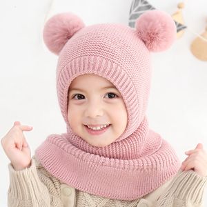 Scarves Wraps Children's hat scarf knitting suit autumn and winter plush pompom thickened warm ear protection shawl baby woolen 230311