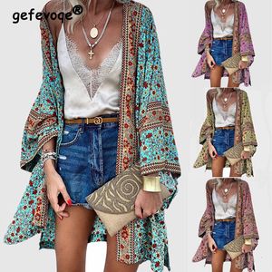 Women's Knits Tees Thin Loose Bohemian Style Dropped Shoulder Sleeve Open Stitch Flower Pattern Medium Length Cardigan Summer Vacation Oversize 230311