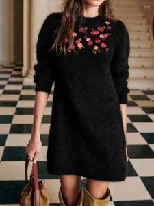 Casual Dresses Women Floral Embroidery Mohair Wool Blend Knit Robe 2023 Spring Ladies Long Sleeve Soft And Fluffy Knee-Length Black Dress