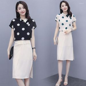 Abiti da lavoro Donna Estate Abiti a due pezzi Elegante manica corta Top a pois Camicetta Camicia e gonna Office Lady Set da 2 pezzi