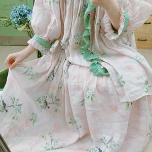 Skirts Summer Original Design Women Bohemian Mori Kei Vintage Pastel Floral Bird Print Elasti Waist Cozy BreathablE Thin Ramie